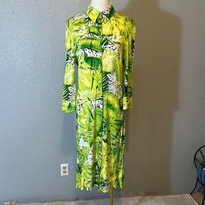 Escada tropical Vibrant Green Patterned long sleeve midi dress size 40 Medium
